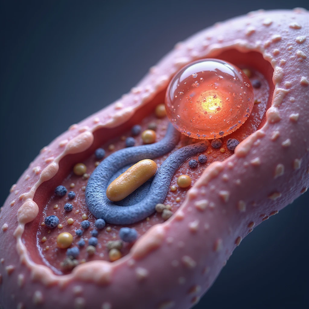 hyperrealistic and anatomical 4K illustration of fatty acid transport from cytoplasm to mitochondrion in a human cell, detailed molecules of fatty acids, carnitine, and mitochondrial membranes emoji