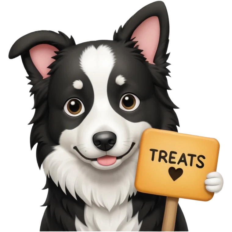 Sad border collie holding sign that says “Treats?” emoji