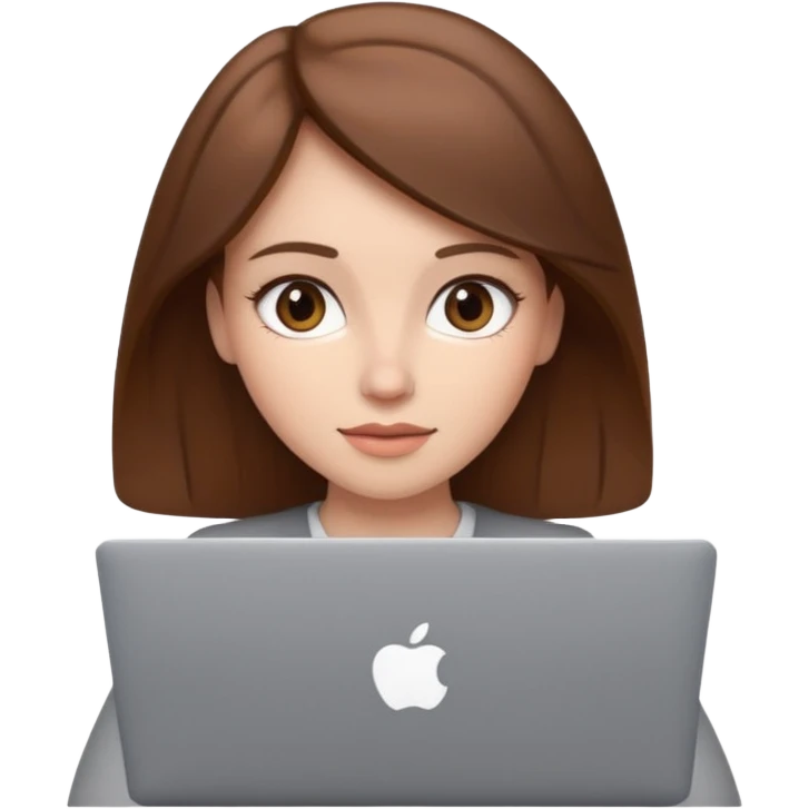 memoji of a brown hair white skin female with a grey laptop in front, apple-style, modern emoji