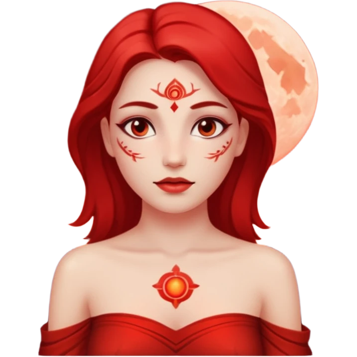 Woman standing under red moonlight, bare shoulders, ritual markings faintly glowingWoman standing under red moonlight, bare shoulders, ritual markings faintly glowing emoji