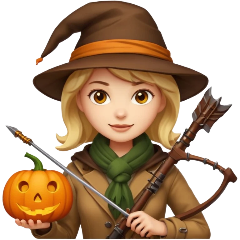 female human monster hunter emoji, wearing brown coat and hat, holding crossbow, soft smile, scarf, glowing pumpkin by her side, Halloween fantasy style, clean vector Apple emoji look, bright colors, white background, square emoji
