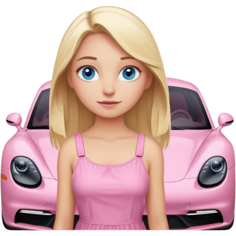 Blonde girl with blue eyes sitting infront of a pink porsche taycan emoji