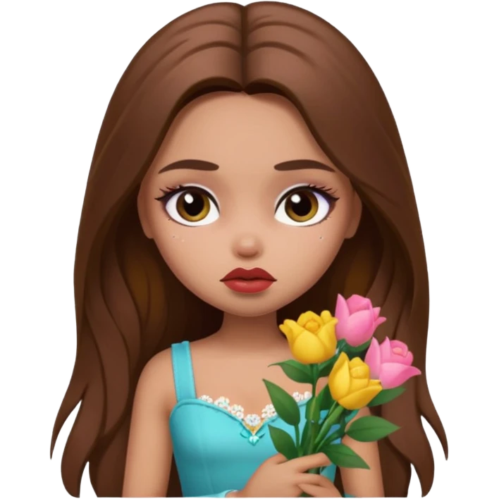 sad pretty bratz baddie, long brown hair holding flowers emoji
