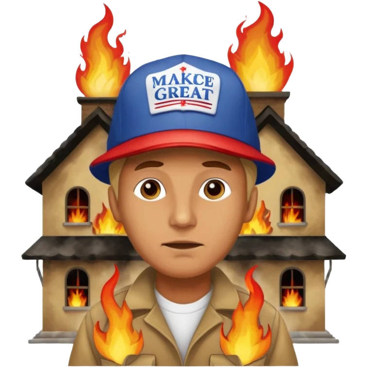 Man with make America great again hat lightning a orphanage on fire emoji