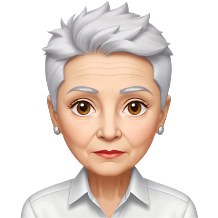 Elderly Marian Pabón with elegant facial features, light rosy complexion, expressive eyes with age lines, medium well-defined lips, sophisticated pronounced cheekbones, short spiky silver hair styled like a men's cut, dressed in a crisp white button-up shirt emoji