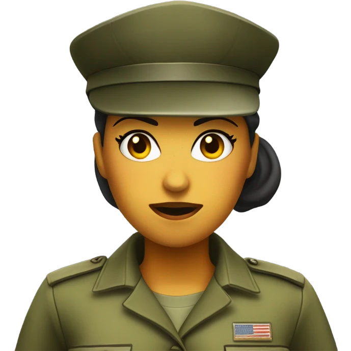 a female drill sergeant character wearing a classic sergeant hat and a camouflage army shirt. The character should have an angry intense expression. full torso emoji