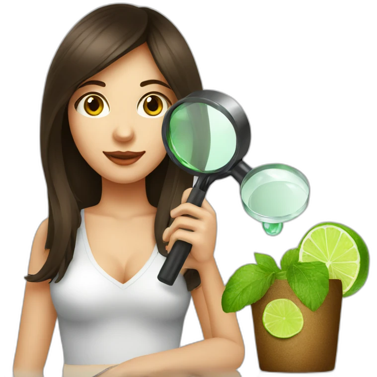 brunette girl with magnifying glass and mojito emoji