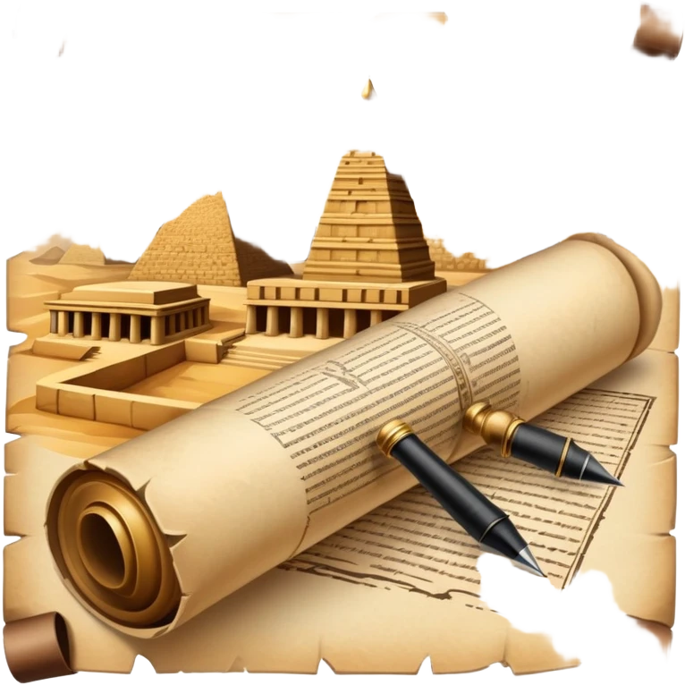 An icon showing a rolled parchment scroll, a quill pen, and ancient landmarks like pyramids and columns in the background. The design symbolizes the study of past civilizations, events, and heritage. Transparent background emphasizes the timeless exploration of human history. emoji