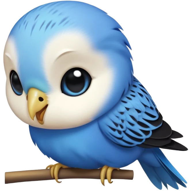 cinematic-cute-blue-budgie-portrait-emoji,-head-tilted-playfully-and-inquisitively,-featuring-a-brilliant-blue-feathered-fur-and white and black face-with-a-natural-sheen,-round,-sparkling-dark-eyes-filled-with-curiosity,-simplified-yet-irresistibly-adorable emoji