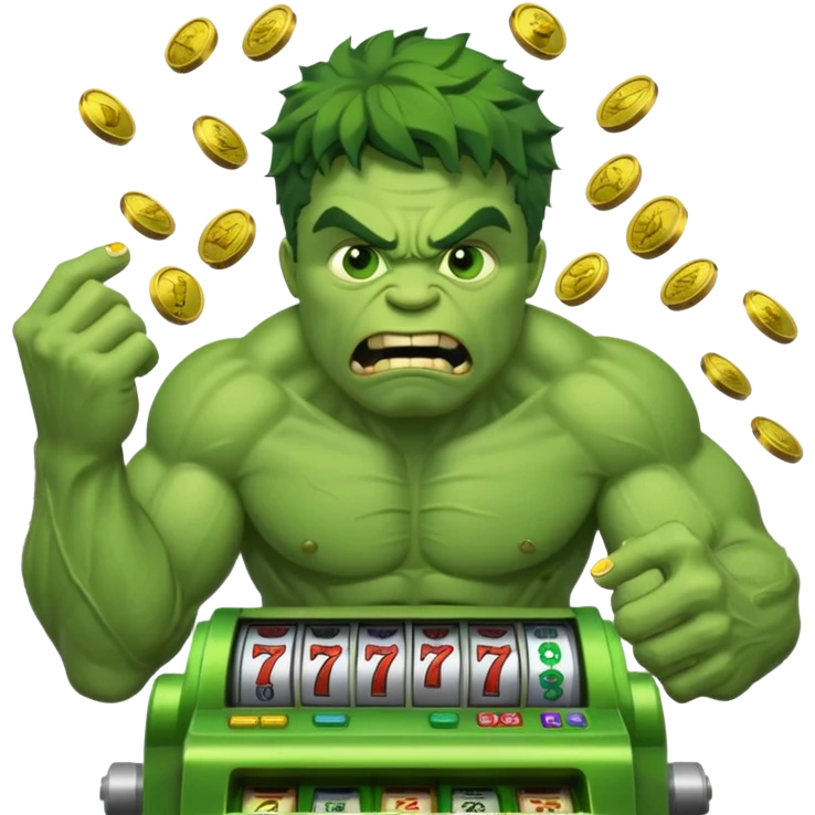 disheveled hulk losing money at a slot machine, panicked face, coins flying emoji