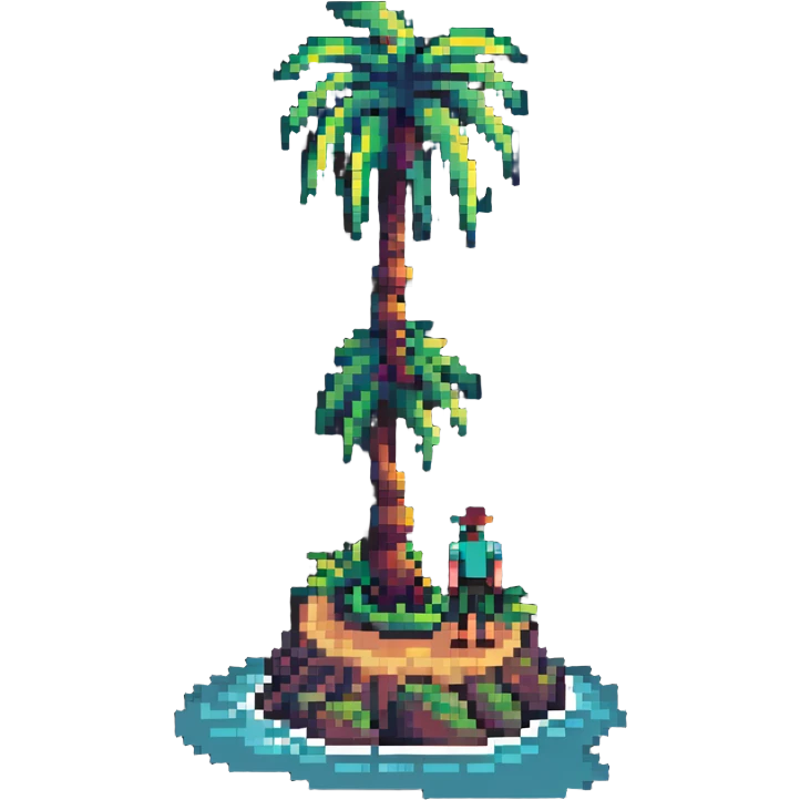 stranded man on a tiny island with a palm tree in pixel art style emoji