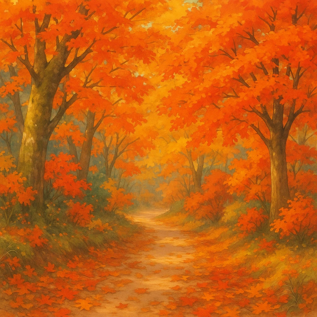 fall season scene with colorful autumn leaves, cozy atmosphere, ghibli style emoji