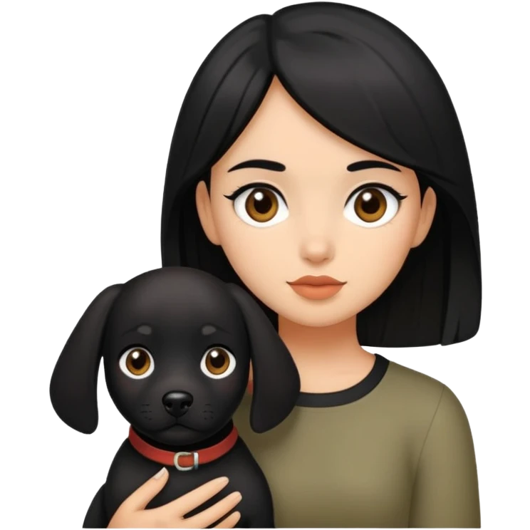 olive skinned brown eyed girl with black hair holding all black dog emoji