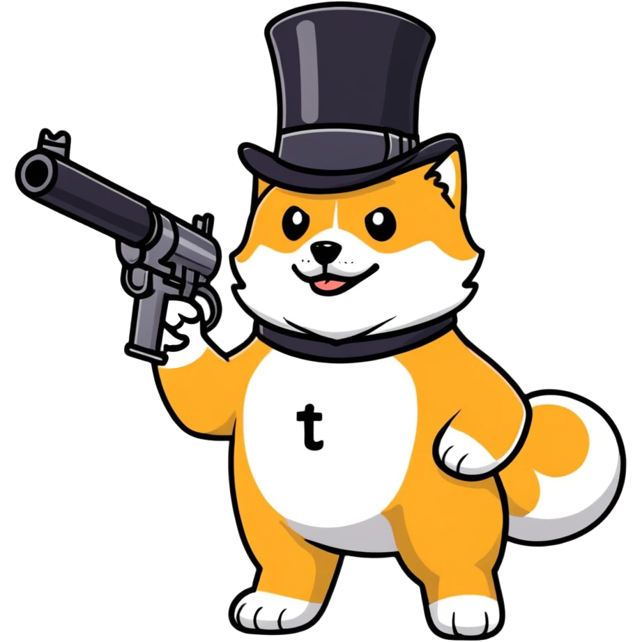 doge in a tophat wielding a minigun, with playful 'TO WAR LADS!' text emoji