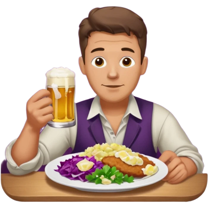 German man eating schnitzel, potato salad, red cabbage, sauerkraut, and beer emoji