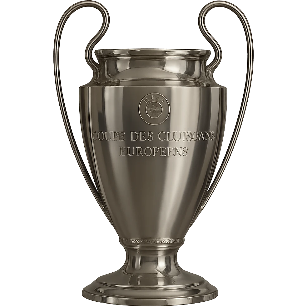 Add the UEFA logo and the text 'COUPE DES CLUBS CHAMPIONS EUROPÉENS' to the trophy, keeping the style realistic and polished. emoji