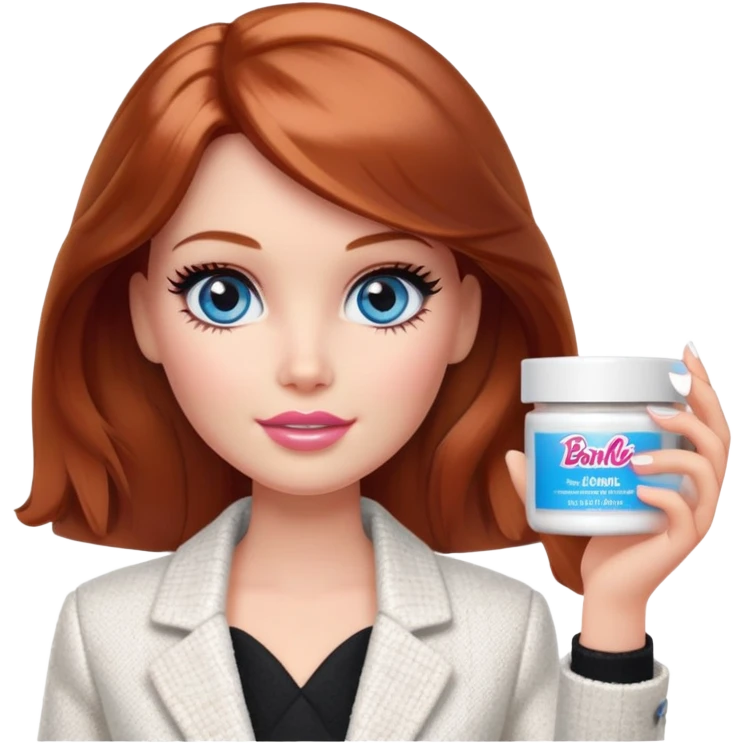 A Barbie girl with blue eyes, shoulder-length reddish-brown hair with makeup, wearing a white tweed jacket and a black skirt, holds a face cream in her hand emoji