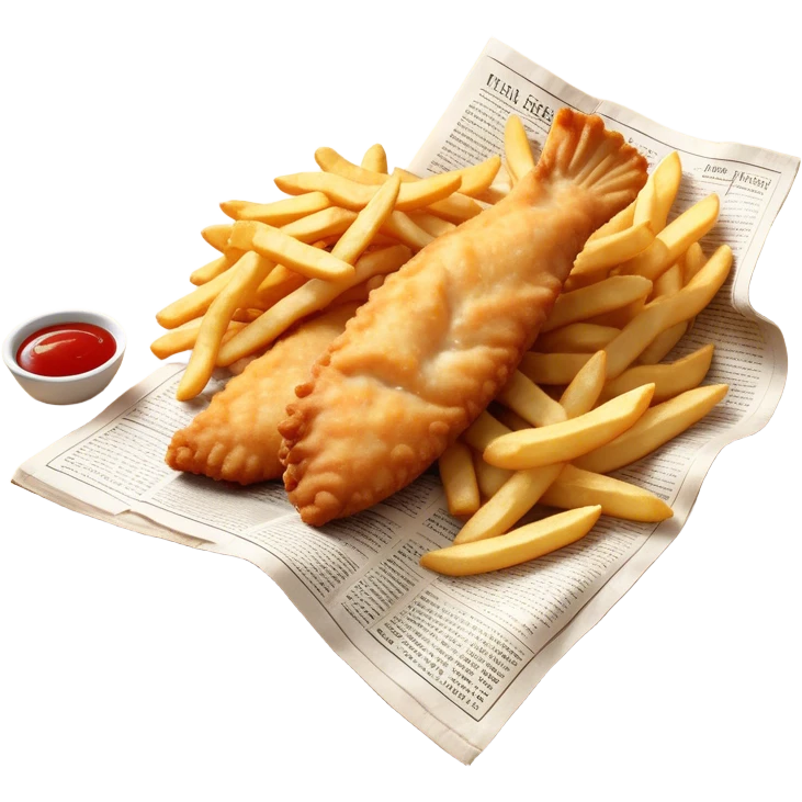 Fish and Chips Cinematic Realistic Fish and Chips Dish Emoji, depicted as a crispy battered fish fillet and golden chips served in traditional newspaper wrapping, rendered with lifelike textures and warm natural lighting that captures its iconic British street food charm  . emoji