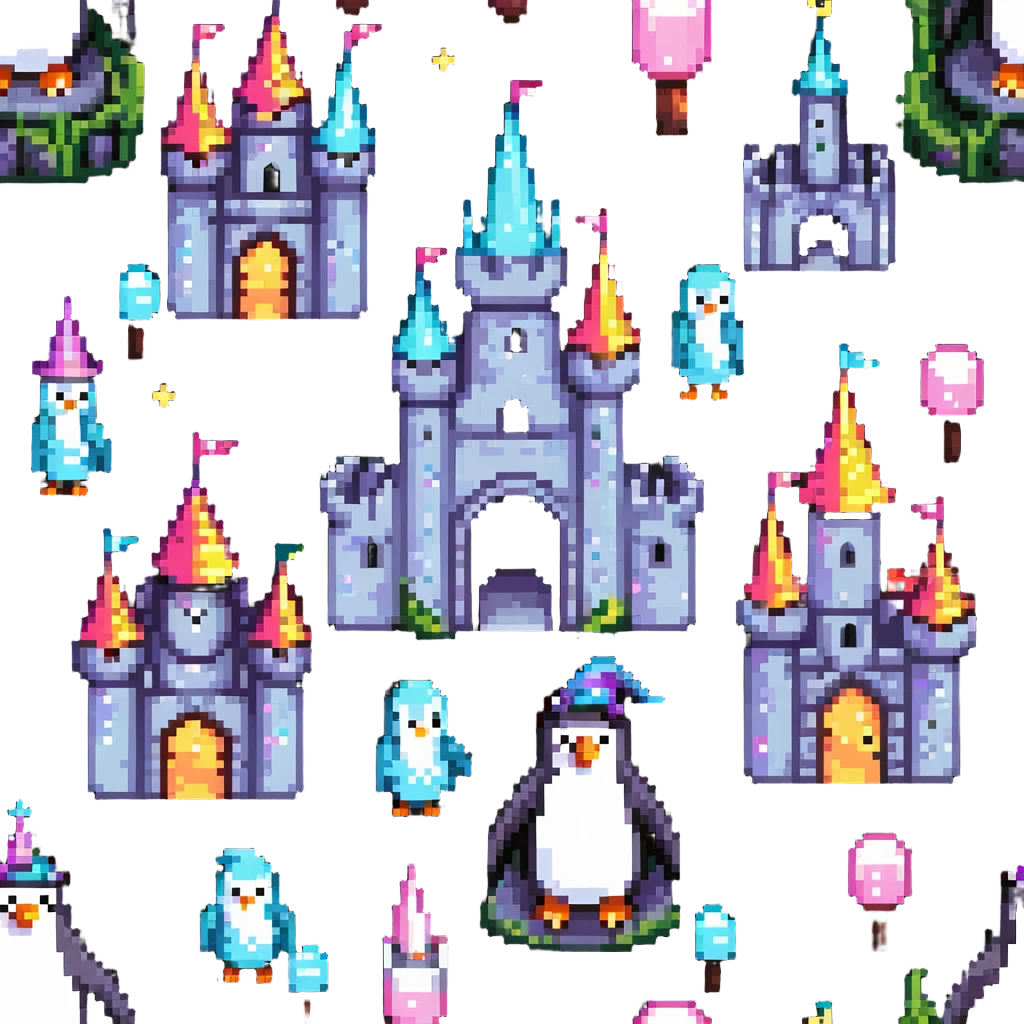 penguin wizard with magical sparkles, a unicorn, fairy, and tiny goblin companion in a pixelated fantasy world with a castle emoji