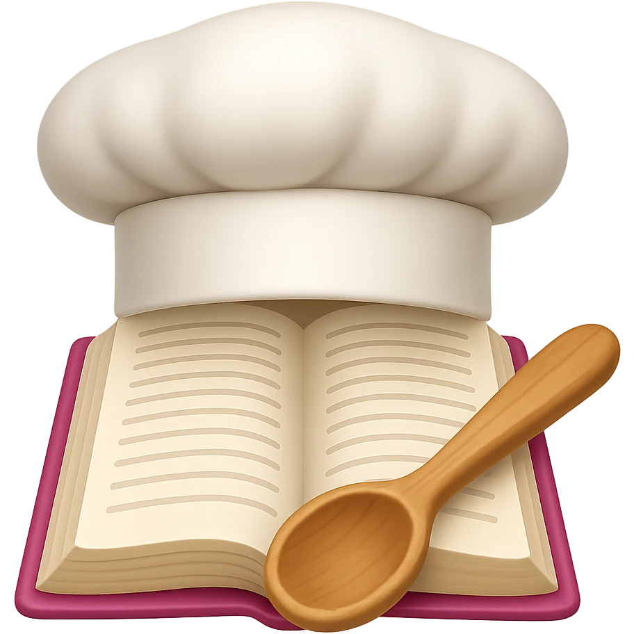 Create an emoji style image of a chef hat on top of a cookbook with a wooden spoon. The style should resemble apple style emojis with clear, concise details and vibrant colors. emoji