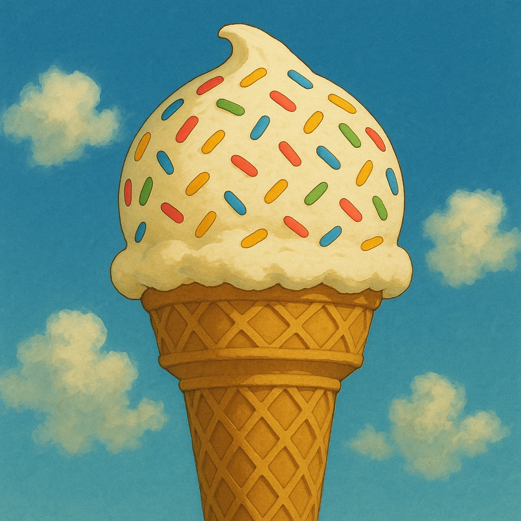 Make the ice cream with sprinkles into a cone, keep ghibli style. emoji
