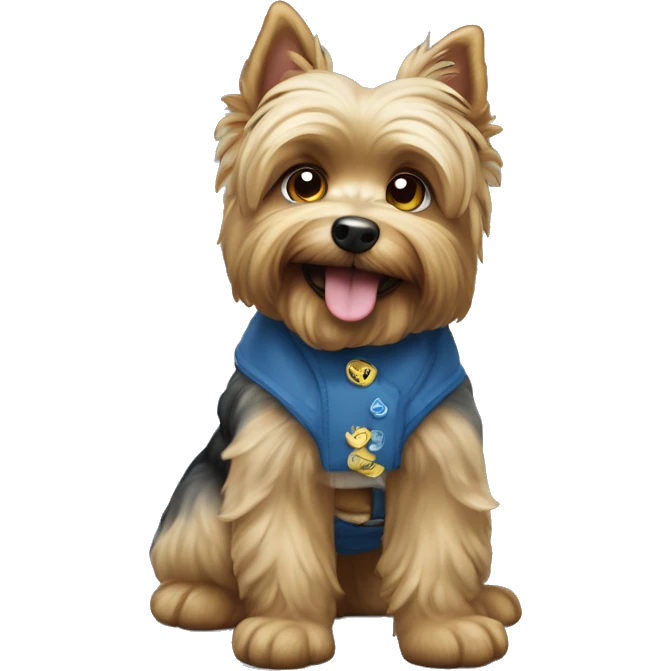 Perro de raza yorkshire con un chaleco azul que tenga una cara sonriente emoji