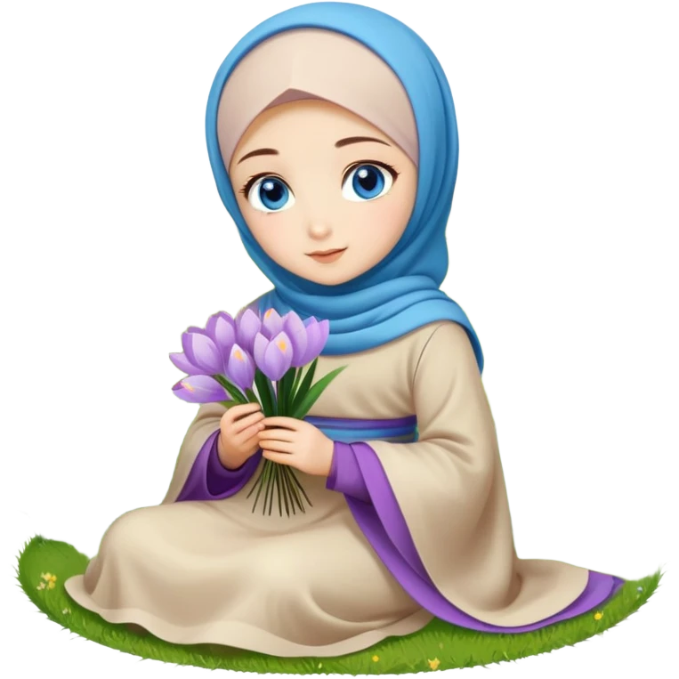 Turkish beautiful finish Konya girl blue eyes with crocus flower hijab long tail dress and sits on the grass on the ground and hold crocus flower on hand  emoji
