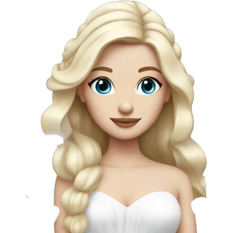 White bride with long light blonde hair and blue eyes with light pink peonies in hair white skin  emoji