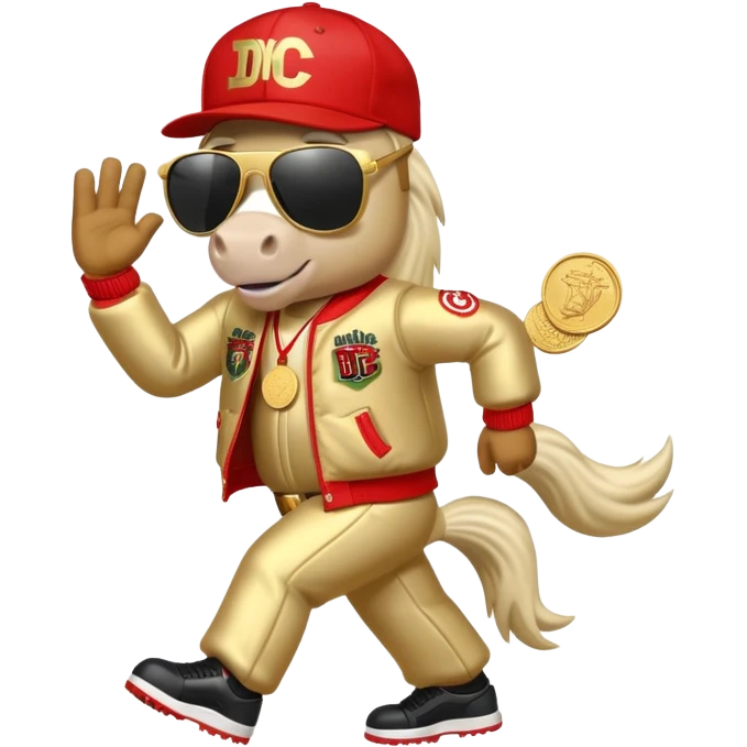 anthropomorphised horse dressed like a member of RUN DMC, hip-hop outfit, gold medal, baseball hat, sunglasses emoji