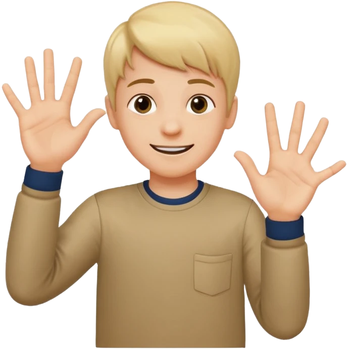 A boy who has his left hand say 6 and his right hand  7 and make the kid shrug and make him smile and white emoji