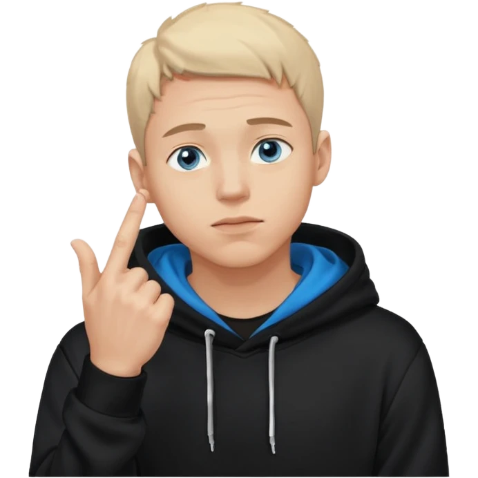 man in black hoodie in thinking pose, blue eyes, right hand raised, index finger touching his chin, eyes looking up to the top right emoji