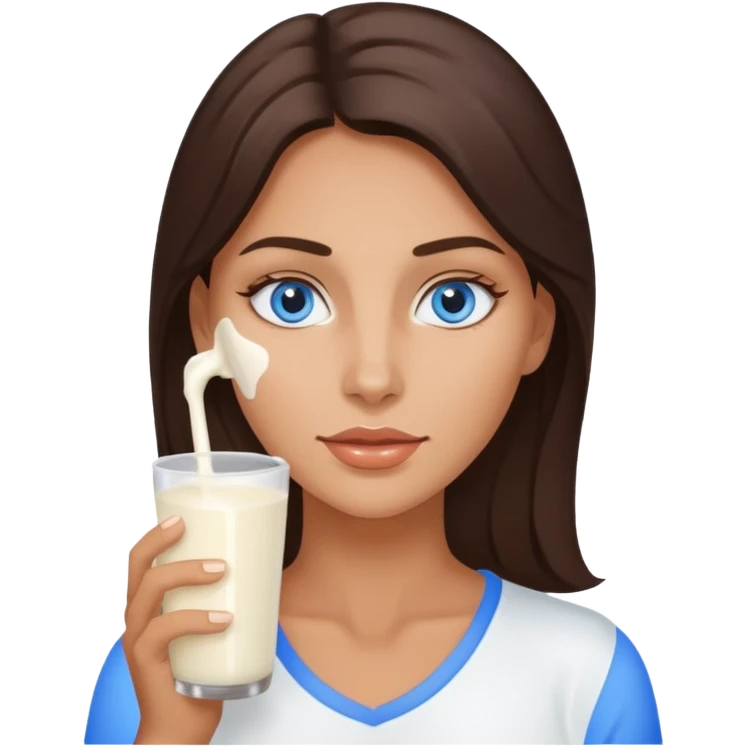 Brunette woman with blue eyes with big naked tits, with White milk on her face emoji