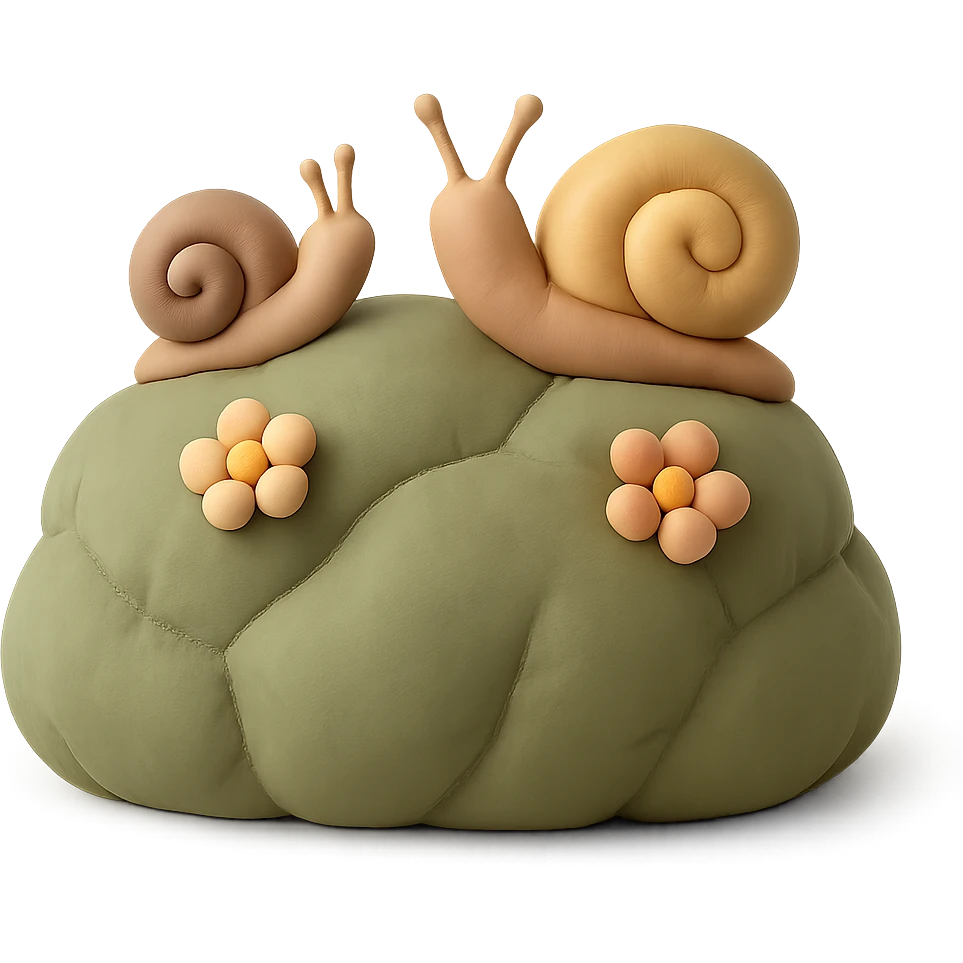 mossy rock with snails and small flowers in earthy pastel colors, cushion style emoji