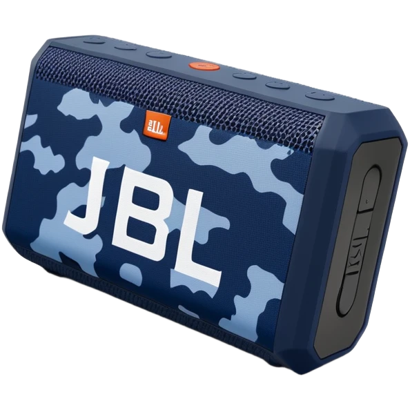 Navy blue and black maritime camouflage JBL Go 4, minimalist design, sleek portable speaker, simplified form emoji