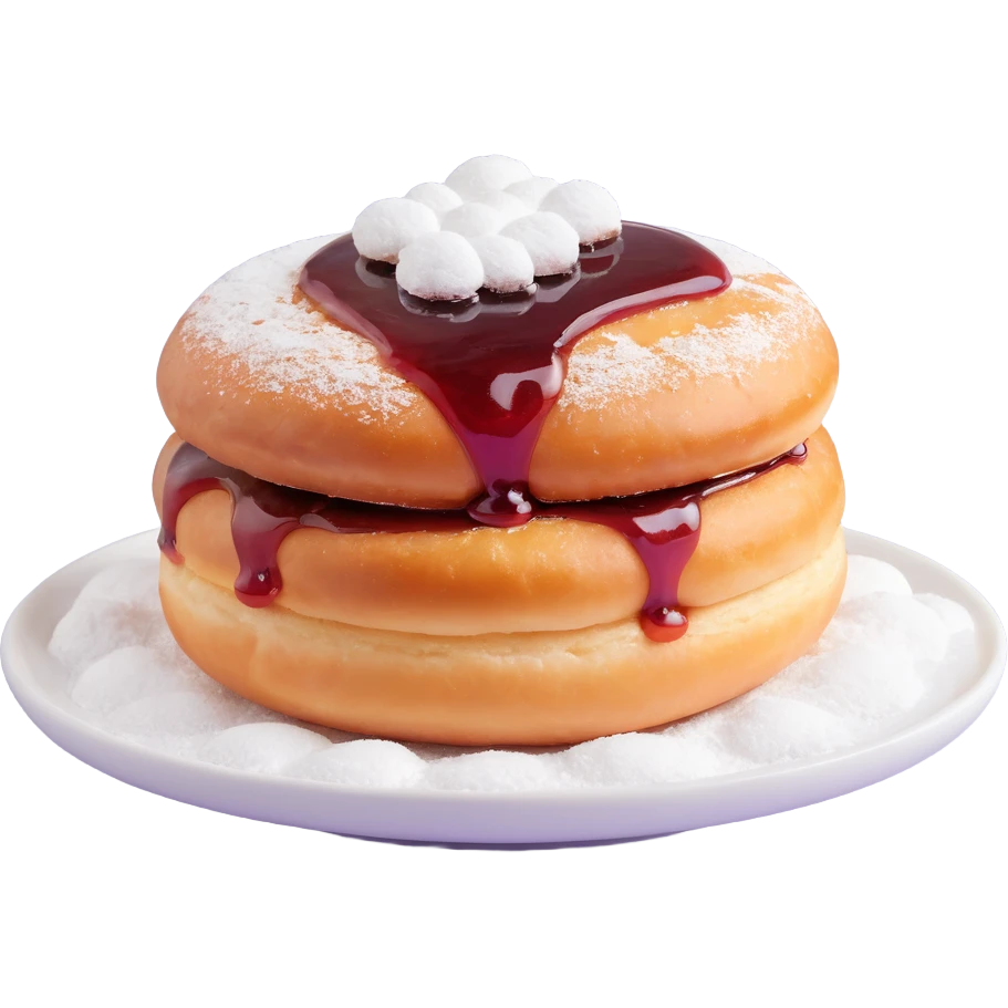 Berliner Krapfen, round, golden-brown, no hole, lots of powdered sugar, jam filling showing emoji