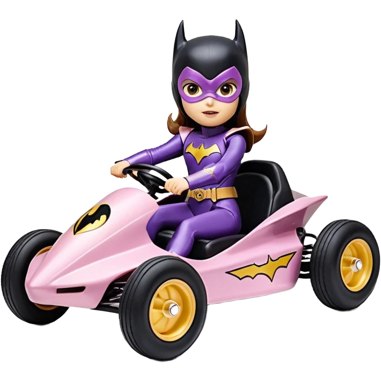 Hot full size real-appearance retro electric racing action BatGirl’s feminine midnight-colored tight outfit sixty’s tv show 1992 stealthy retro sporty safe plush petite off-road pursuit cruiser car rose gold accents (black hair,reclined and relaxed torso seating position) go kart  emoji