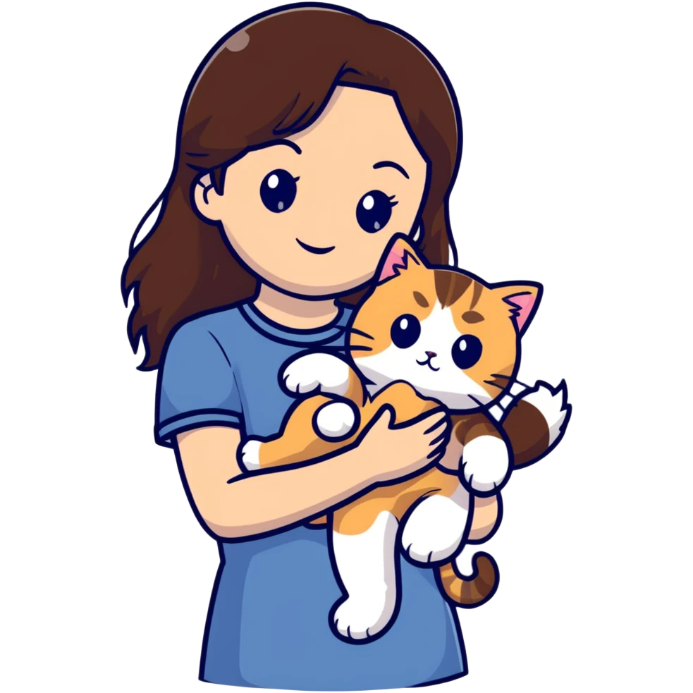 brown-haired girl holding a fluffy ragdoll cat emoji