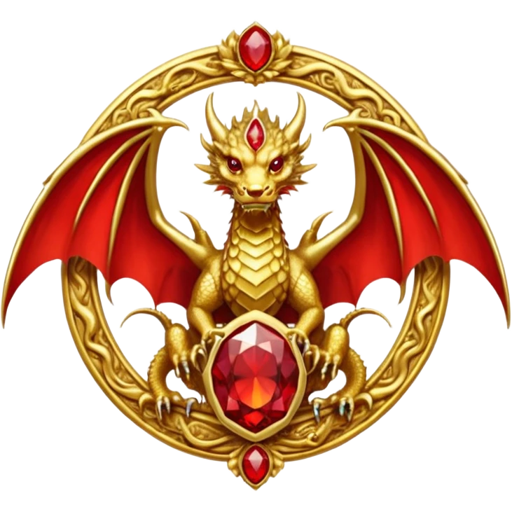Golden Dragon with wings crest/brosch in a circle with red gems emoji