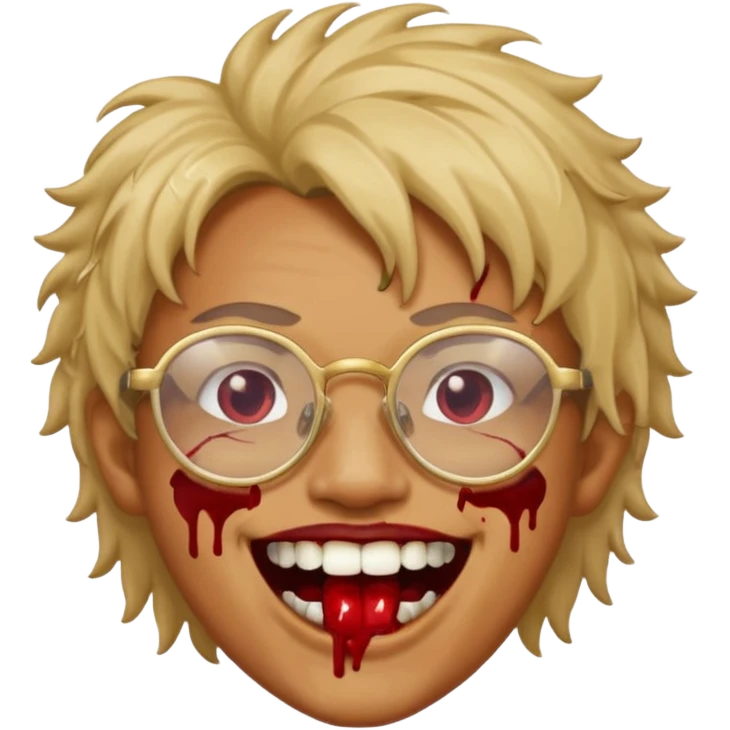 Cabelo bagunçado com oculos sorrindo com metade do rosto com dente de ouro e saindo sangue da boca  emoji