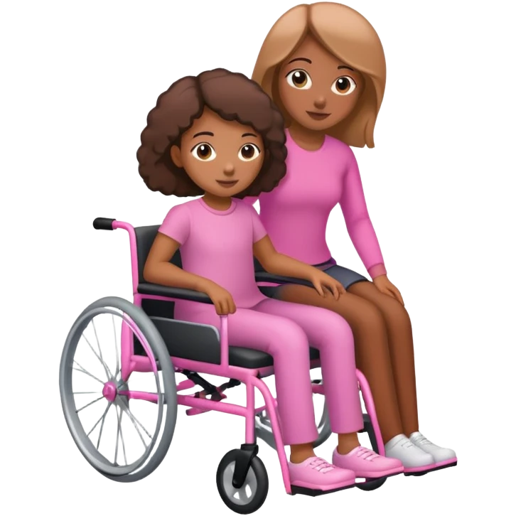 One tan skin sister pushing her brown skin sister in a pink wheelchair emoji