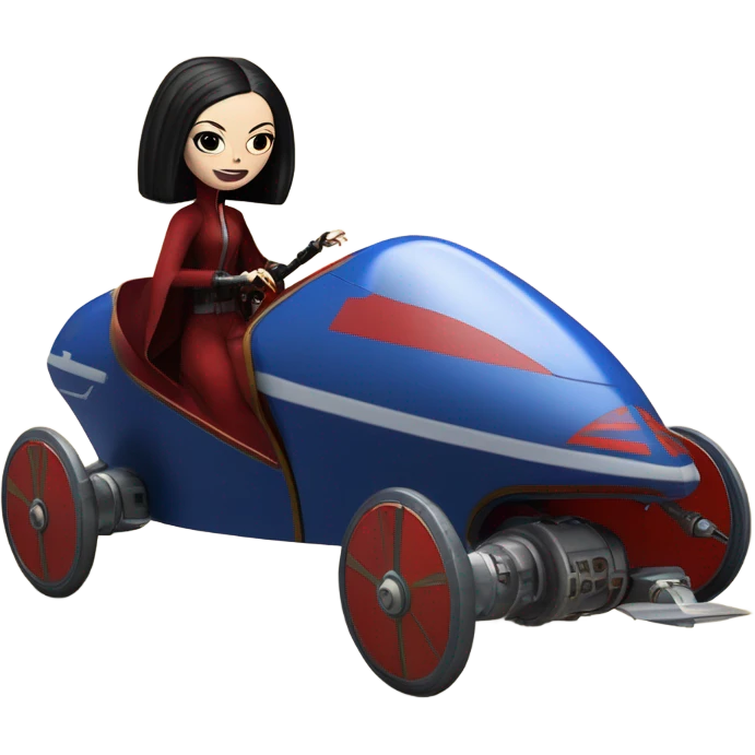 Jedi teen Morticia Addams flying a red and blue Zephyr-J Jumpspeeder anti-gravity repulsorlift powered by an imperial speeder steampunk  emoji