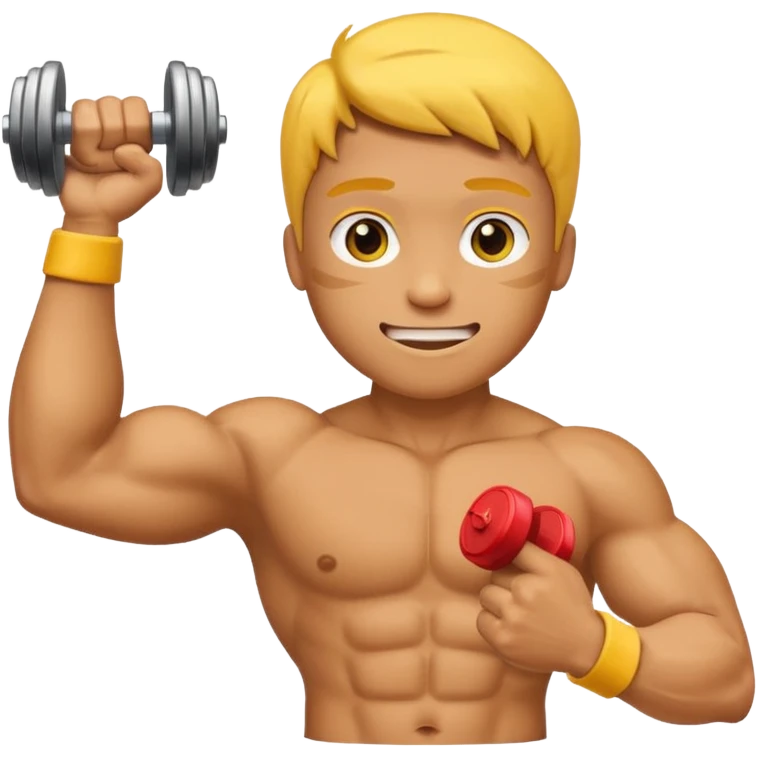 A bold, expressive emoji-style character flexing his bicep while holding a dumbbell in one hand. Bright colors, simple features, rounded edges, and a friendly, energetic look. emoji