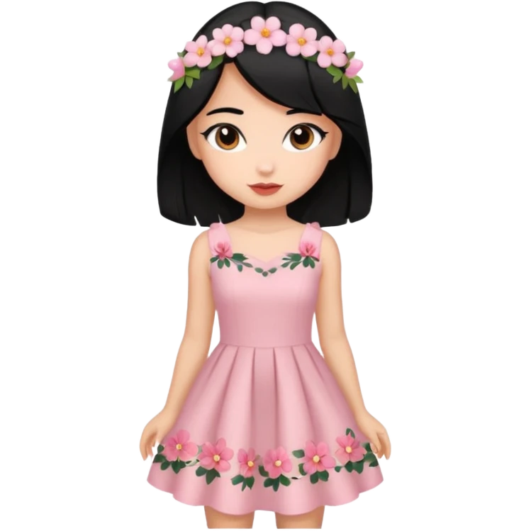 Pretty cute girl wearing a coquette dress, black hair with cute flowers, brown eyed emoji
