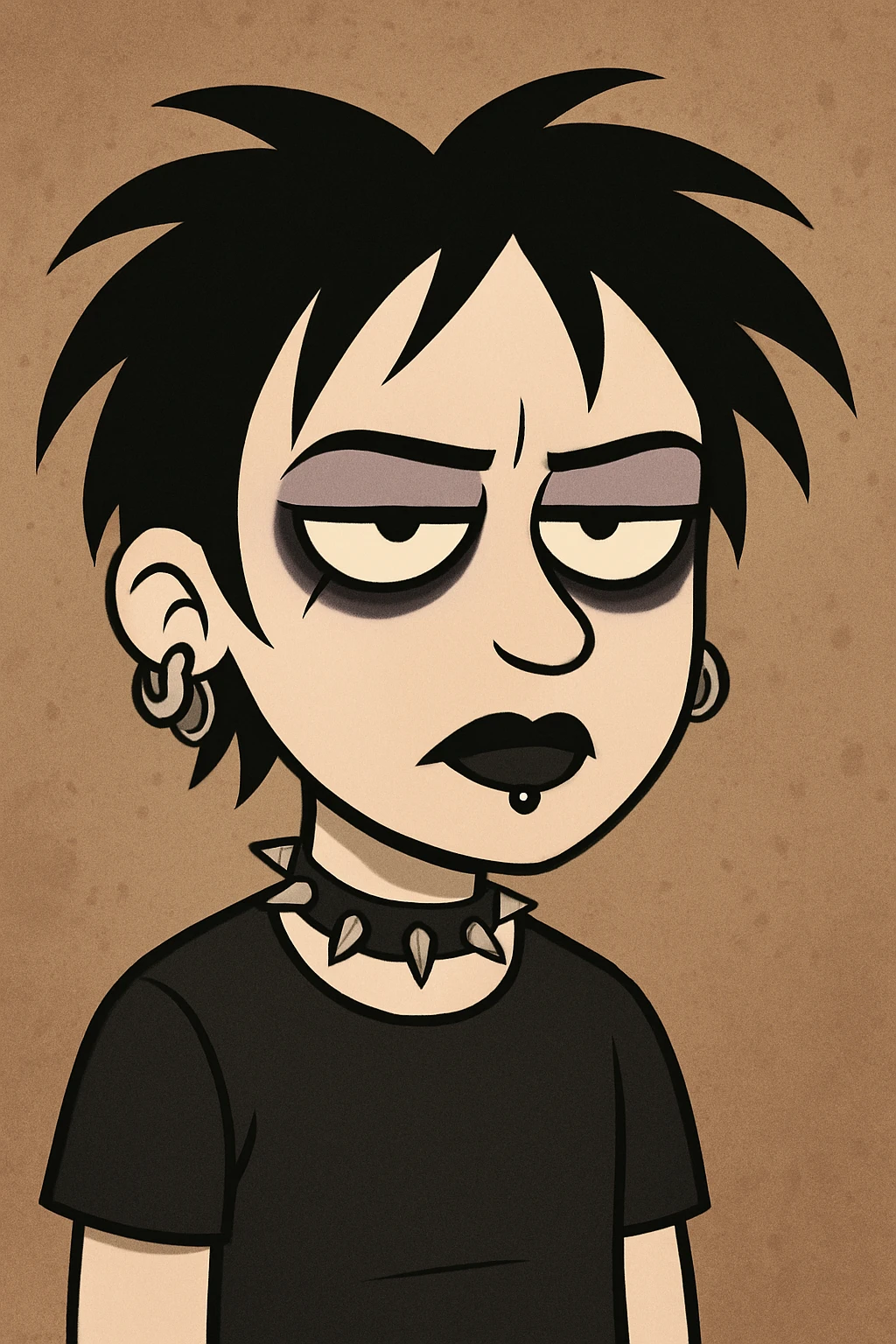 goth boy, cartoon style, black eyeliner, piercings, dark lipstick, dramatic look emoji