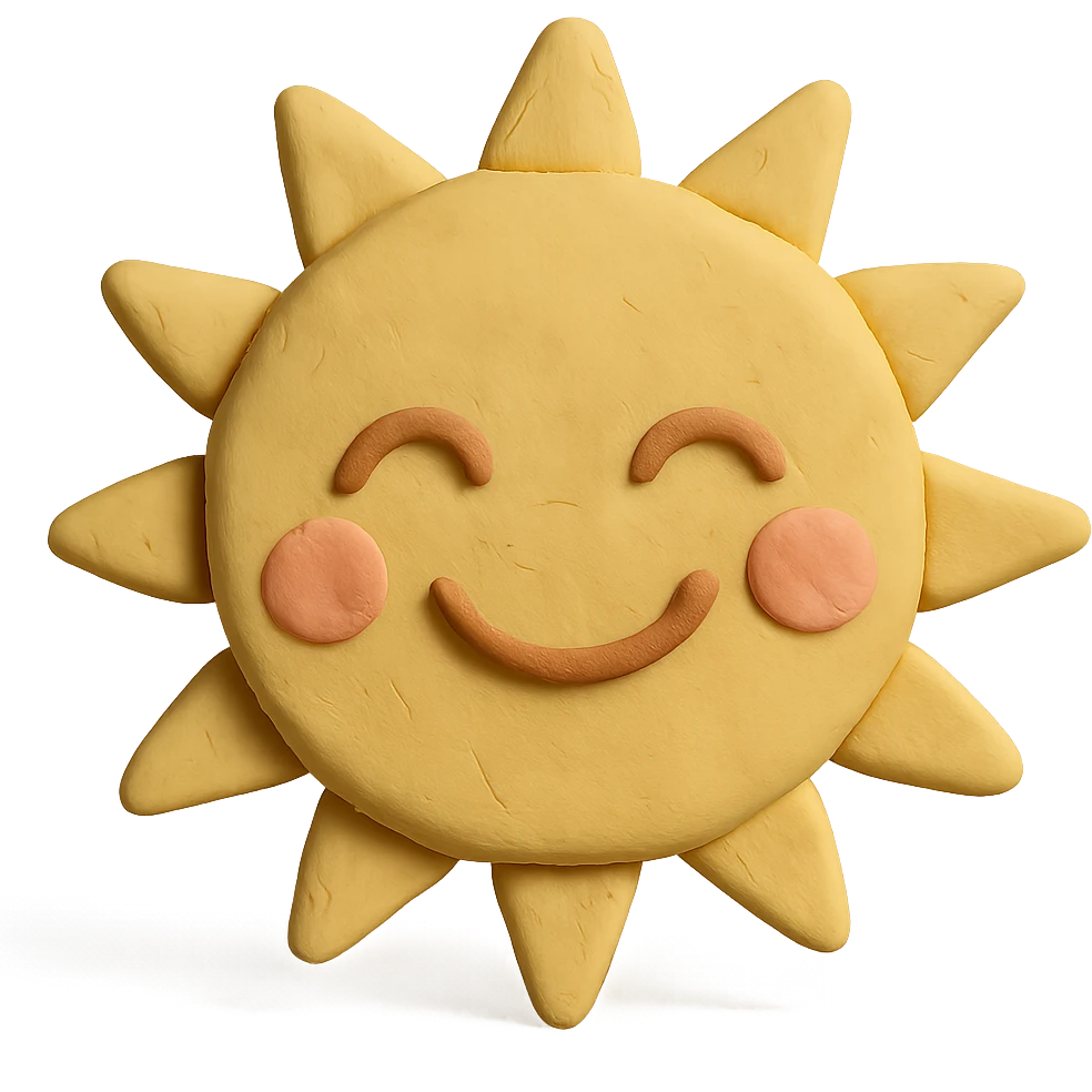 smiling sun with a face, pastel colors, visible fingerprints, matte plasticine claymation style emoji