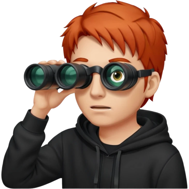 A red-haired man in a black hoodie looks through binoculars. emoji