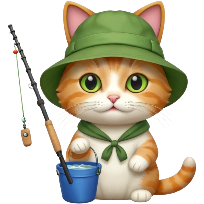 cat holding fishing rod with bucket hat green emoji