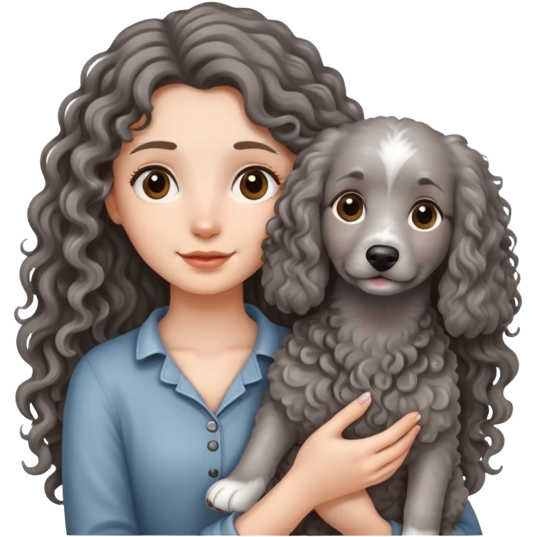 A long-haired girl holding a gray curly dog emoji