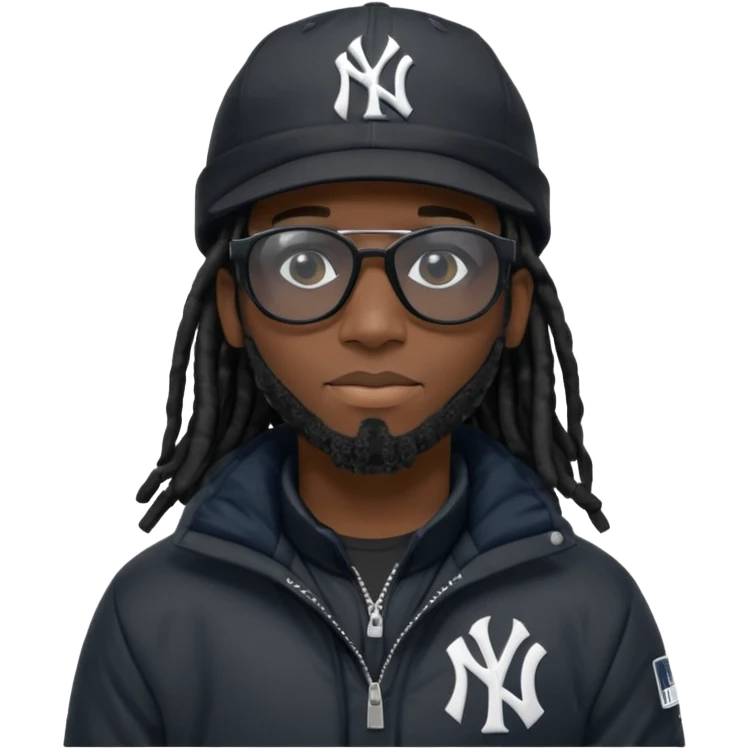 African American man with shoulder length black dreadlocks and black sunglasses wearing a black New York Yankees baseball hat with a North Face brand bubble winter coat emoji