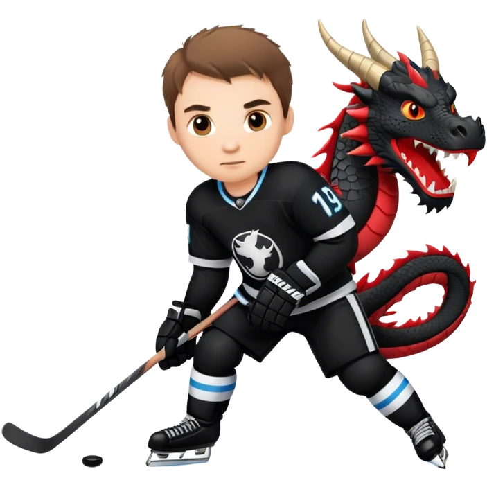 Ice hockey player, in black jersey, with dragon logo emoji